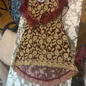 Elegant Maroon and Gold girls Pakistani  Dress